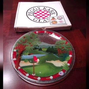 Peggy Karr Golf Course 11" fused glass plate. Comes in original box & 10" stand